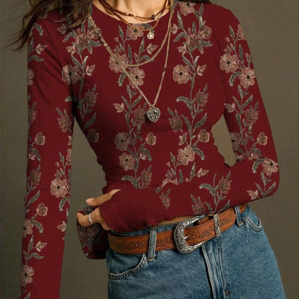 Burgundy Casual Women's Soft Floral Long Sleeve T-Shirt - Picture 5 of 6